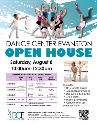 Dance Center Evanston Open House flyer — Saturday, August 8, 10am–12:30pm (PDF)